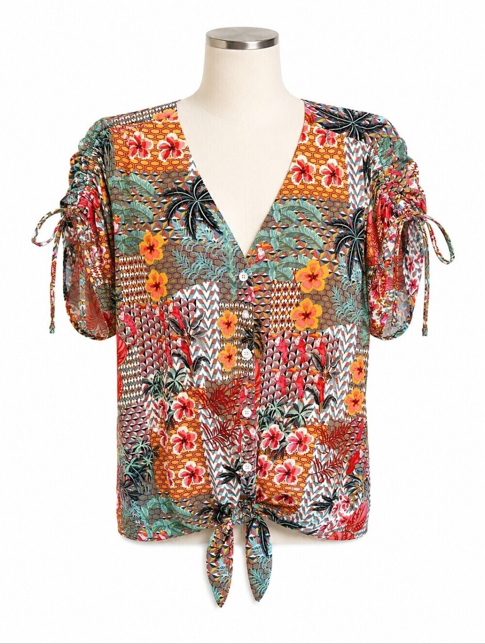 Sabrina Lauren NWT Tropical Stretch Knit Tie Front Button Down Top 3X Vacation